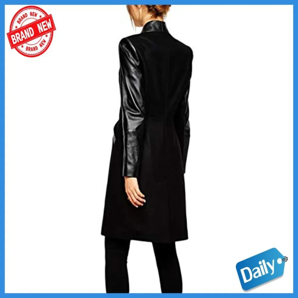 Faux Leather Woolen Trench Coat Double Breasted Patchwork Slim Fit Jacket - Picture 2 of 4